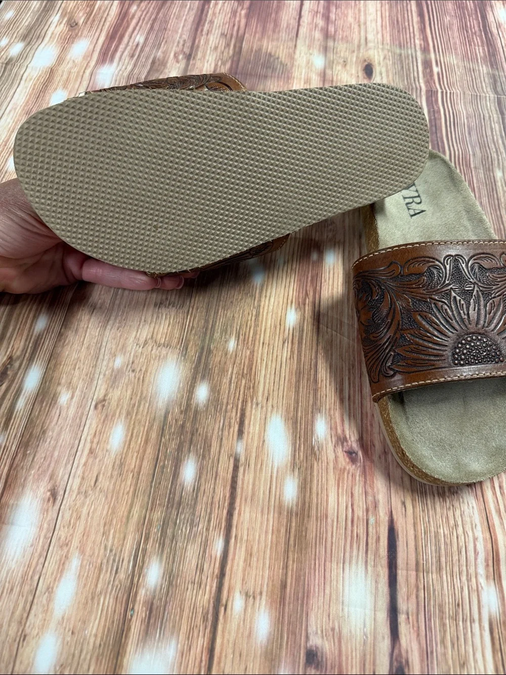 Myra Bag Women's Brown Embossed Leather Slide Sandals